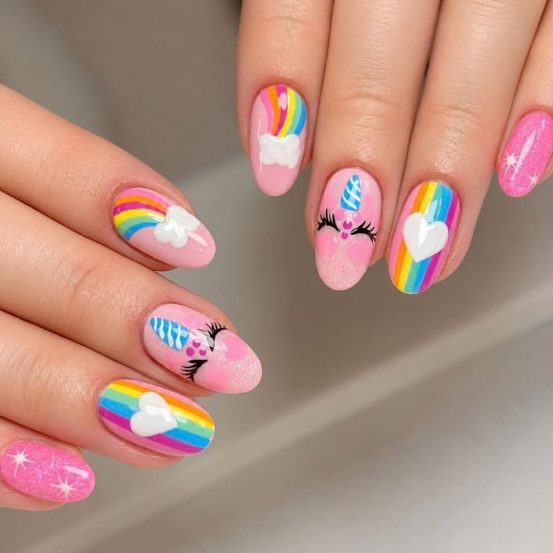 Unicorn Face Rainbow Heart Short Oval Unicorn Face Rainbow Heart Short Oval — Easy Unicorn Nails