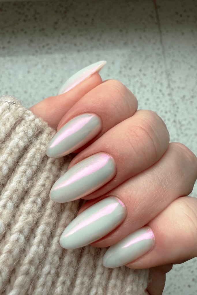 Pearlescent Pink White Oval Nails Pearlescent Pink White Oval Nails — Easy Unicorn Nails