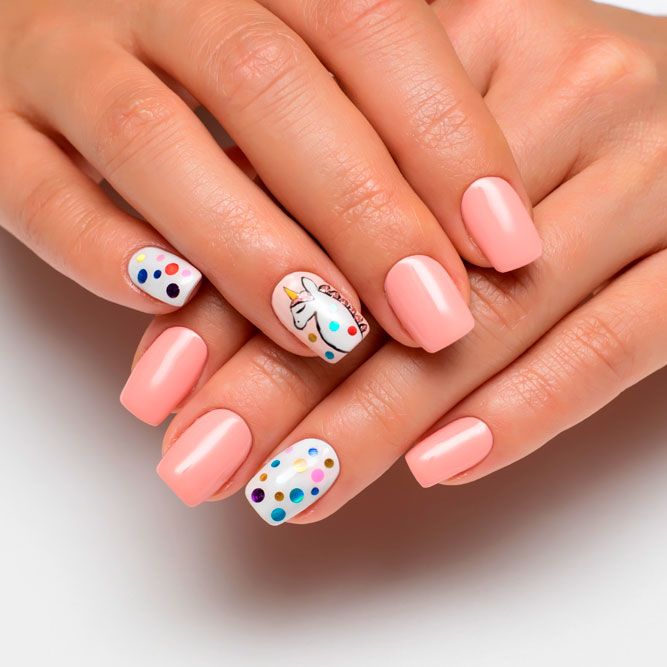 Polka Dot Unicorn Face Square Nails Polka Dot Unicorn Face Square Nails — Easy Unicorn Nails