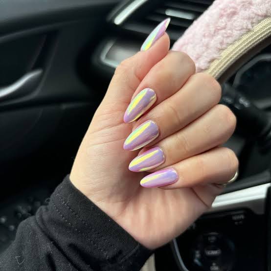 Iridescent Purple Pink Yellow Chrome Almond Iridescent Purple Pink Yellow Chrome Almond — Easy Unicorn Nails
