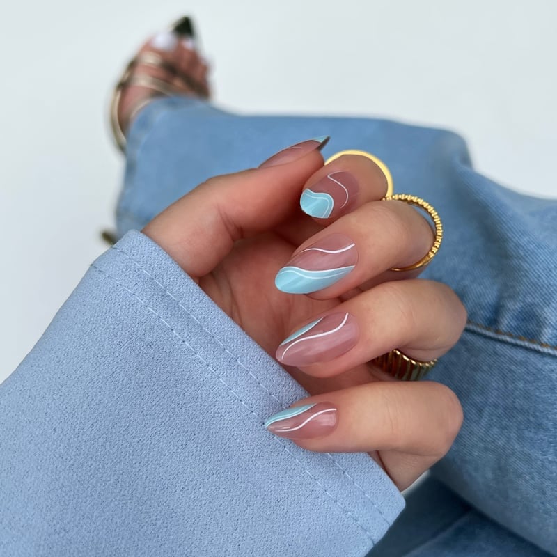 Medium Almond Light Blue White Abstract Waves — Easy Wave Nails