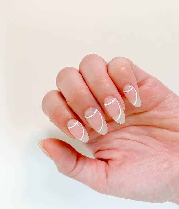 Medium Almond Subtle White Curved Line Nails — Easy Wave Nails