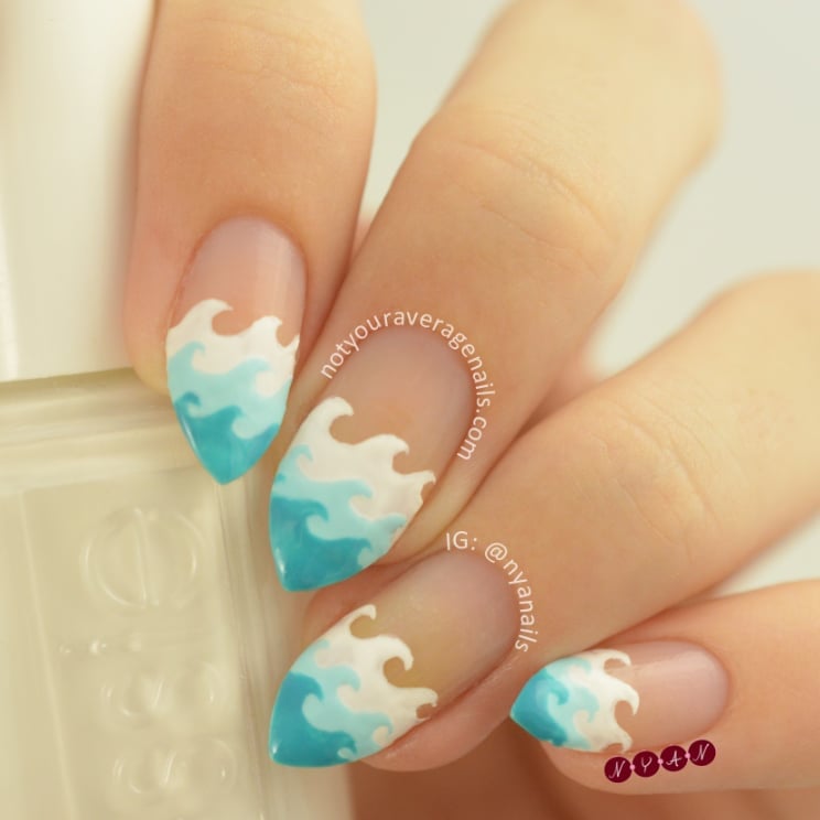 Medium Almond Turquoise White Stylized Waves — Easy Wave Nails