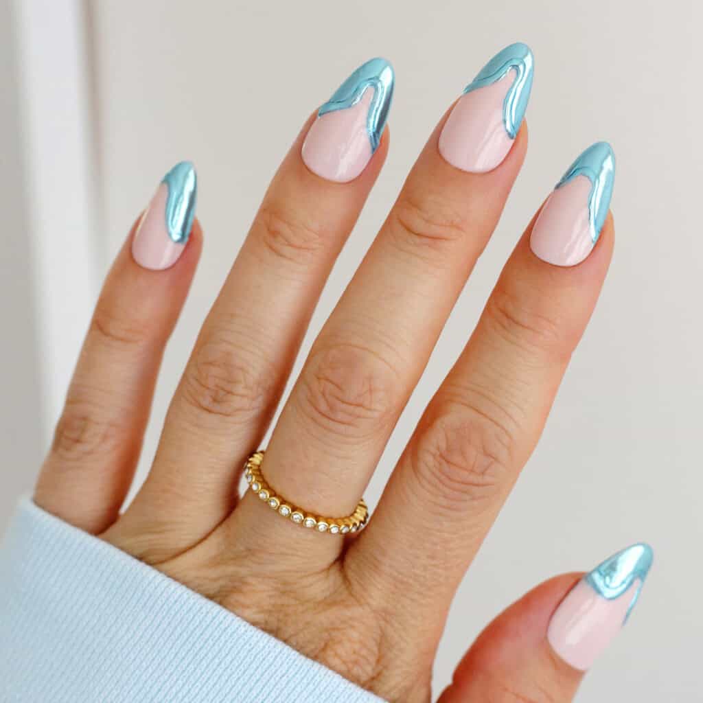 Medium Almond Metallic Blue White Edge Waves, Glossy — Easy Wave Nails