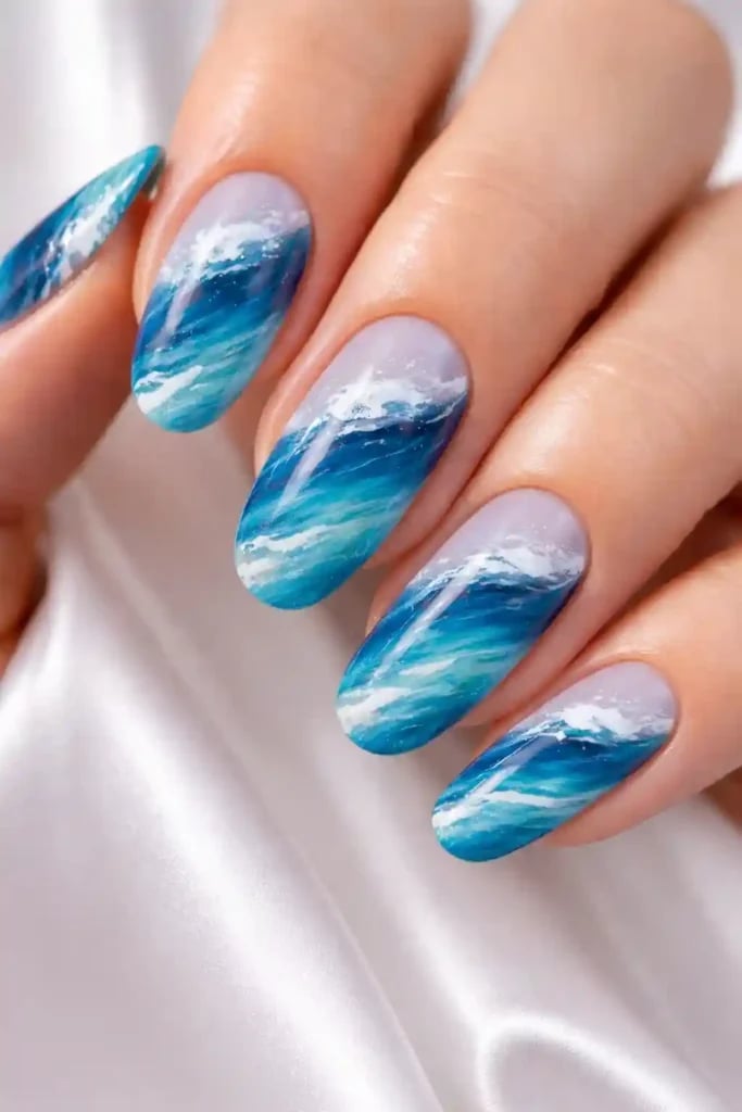 Long Oval Realistic Ocean Wave Nails — Easy Wave Nails