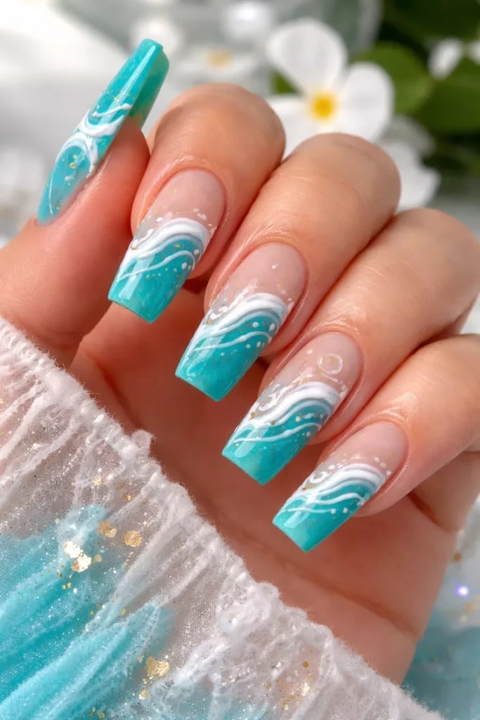 Long Coffin Teal White Glitter Wave Nails — Easy Wave Nails