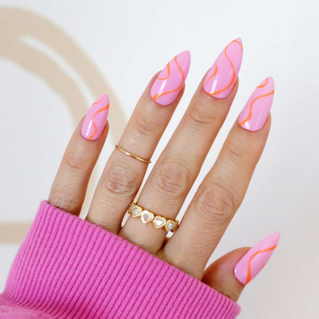Long Almond Light Pink Orange Wavy Lines — Easy Wave Nails