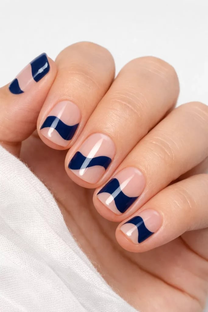 Minimalist Navy Wavy Line Short Square Nails — Easy Wave Nails