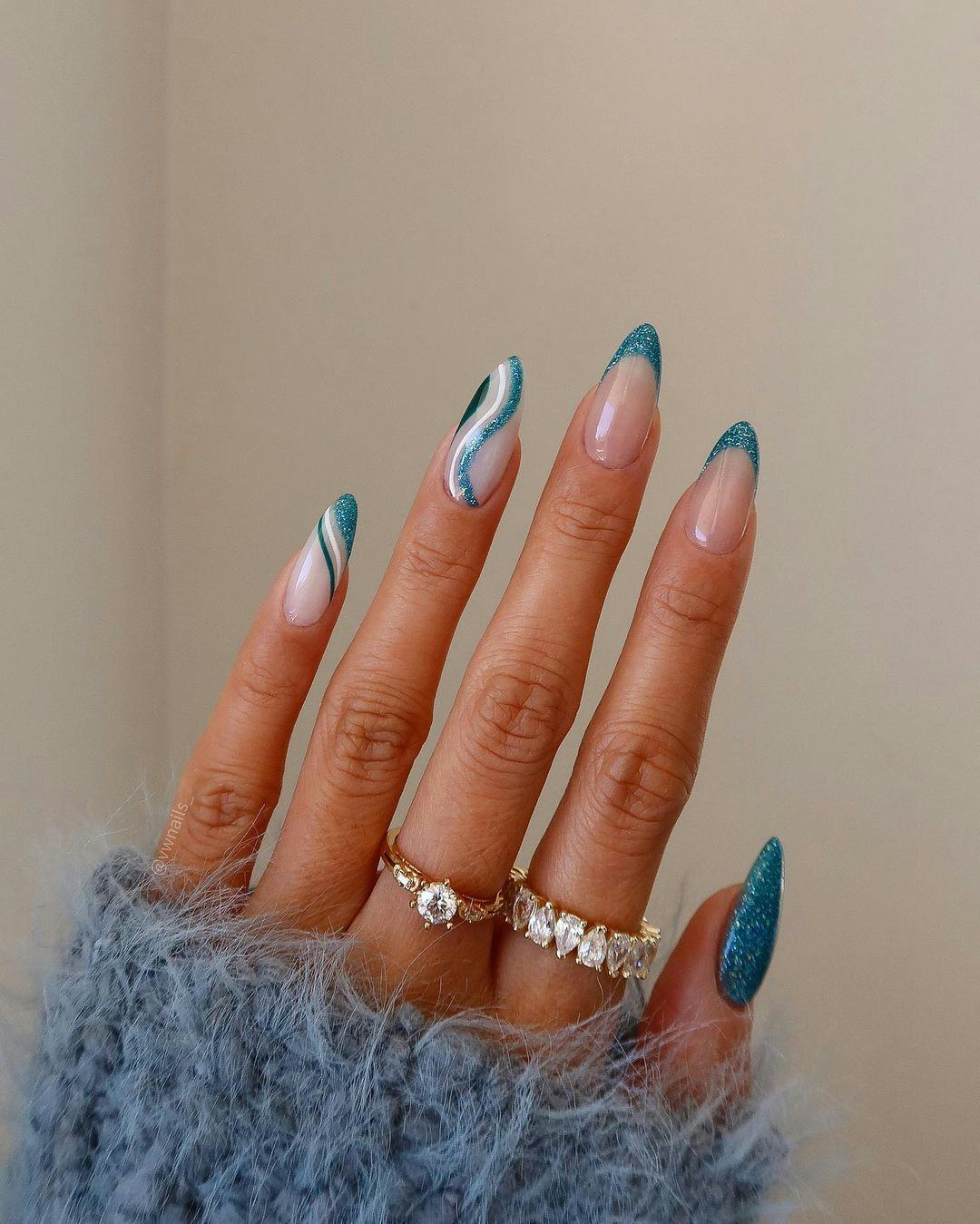 Long Almond Teal Glitter French Tips — Easy Wave Nails