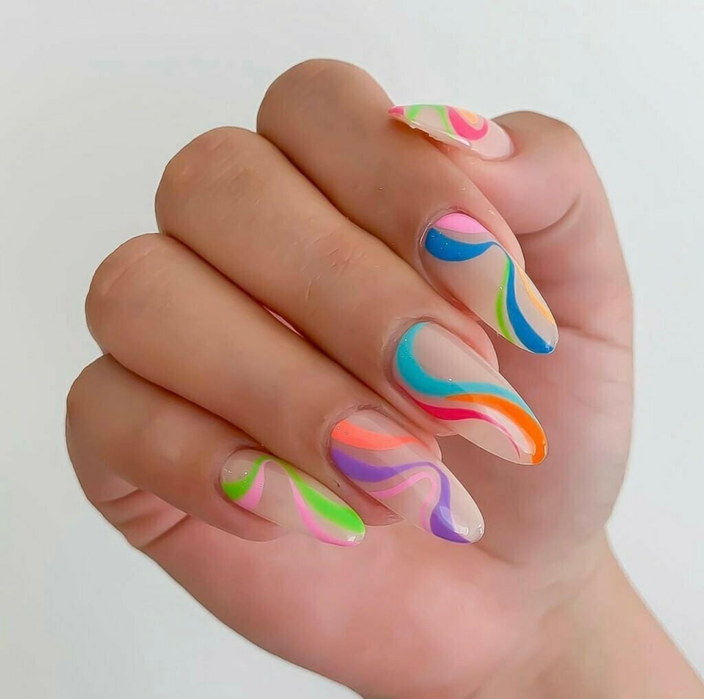 Long Stiletto Neon Swirl Nails — Easy Wave Nails