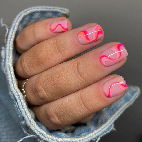 Short Square Pink Orange White Bold Waves — Easy Wave Nails