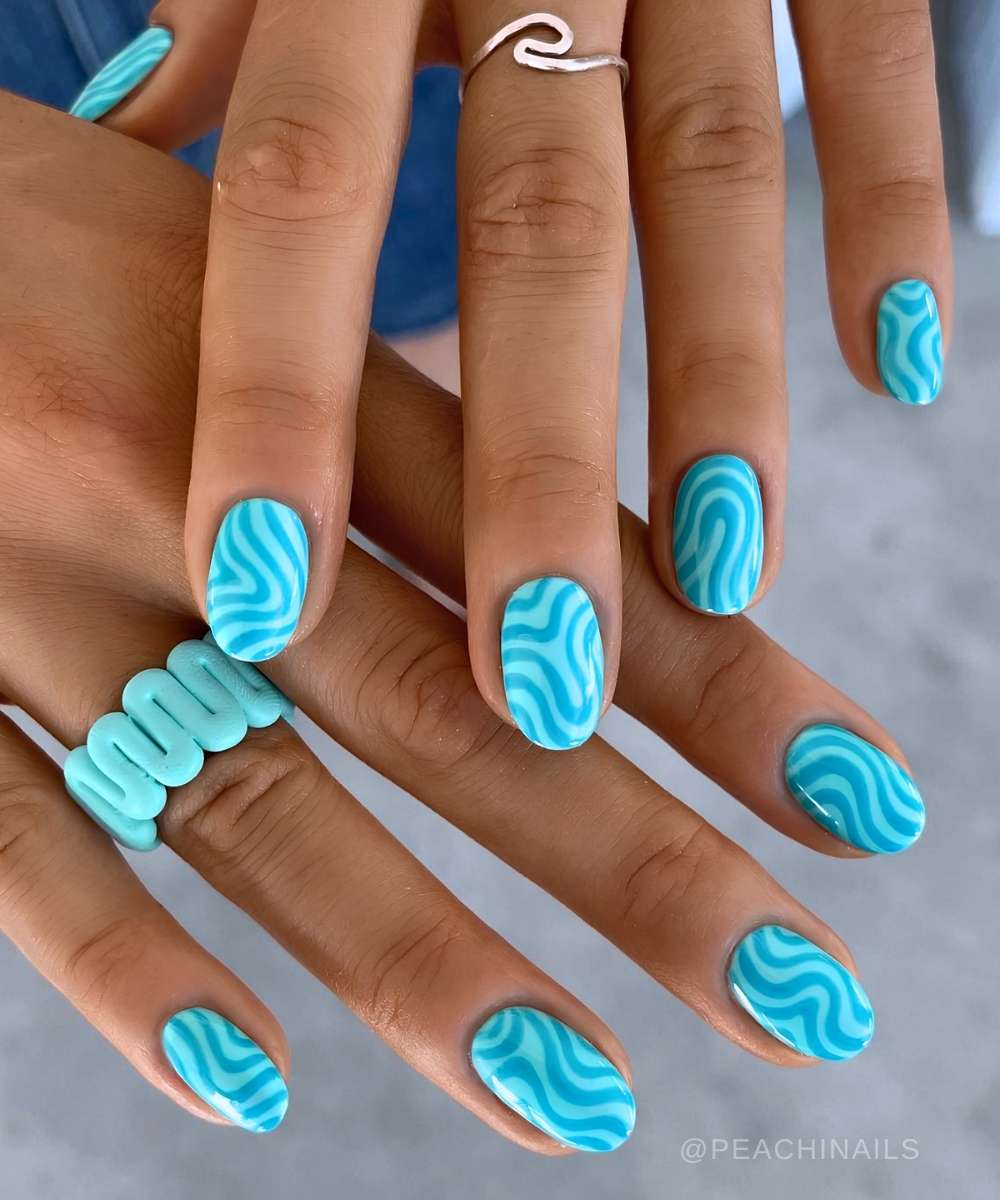 Short Oval Bright Blue Wave Pattern Nails — Easy Wave Nails