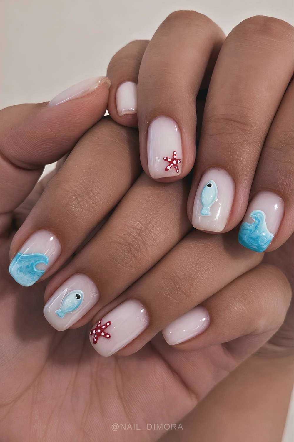 Milky White Short Square With Light Blue Waves — Easy Wave Nails