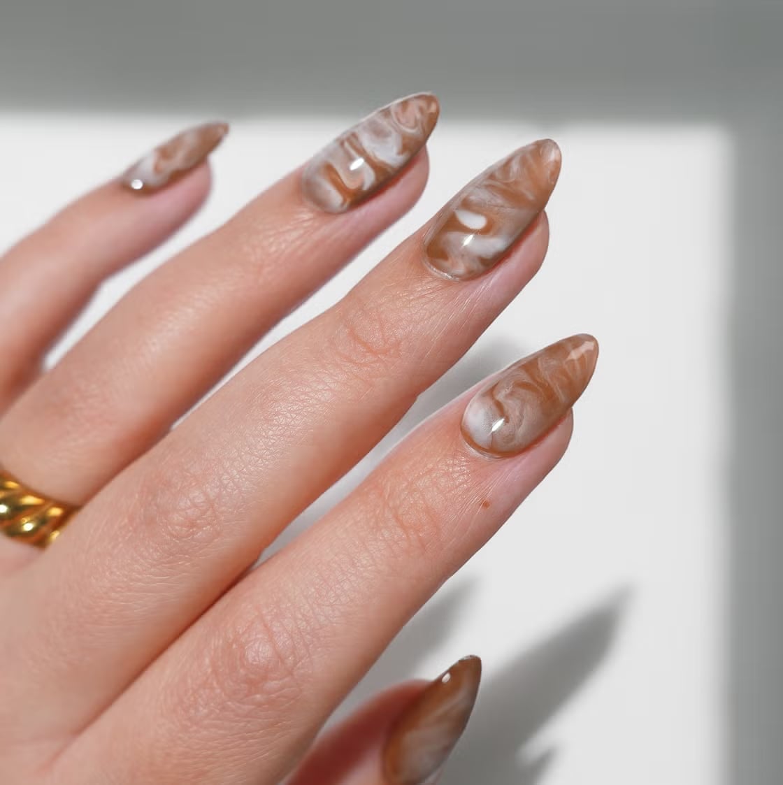 Medium Long Almond Brown And White Marble Swirls — Easy Wave Nails