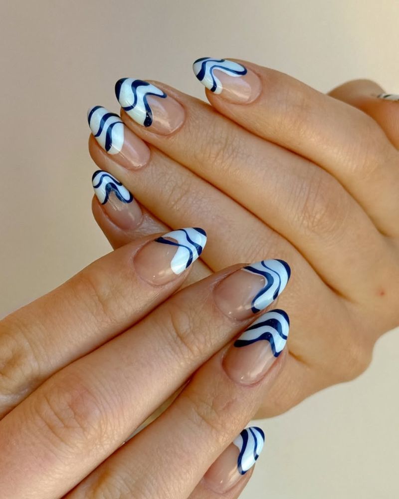Medium Almond Navy And White Swirling Waves — Easy Wave Nails