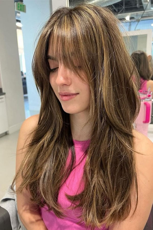 Mid-Back Brown With Blonde Balayage Waves — Easy Ways to Style Curtain Bangs