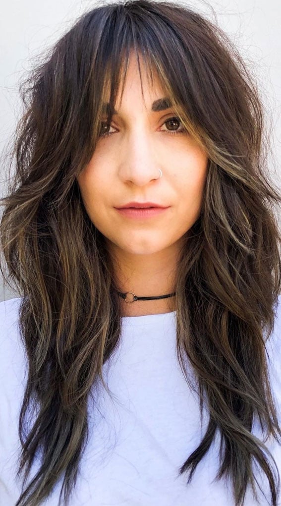 Mid-Back Shag With Dark Brown Highlights — Easy Ways to Style Curtain Bangs