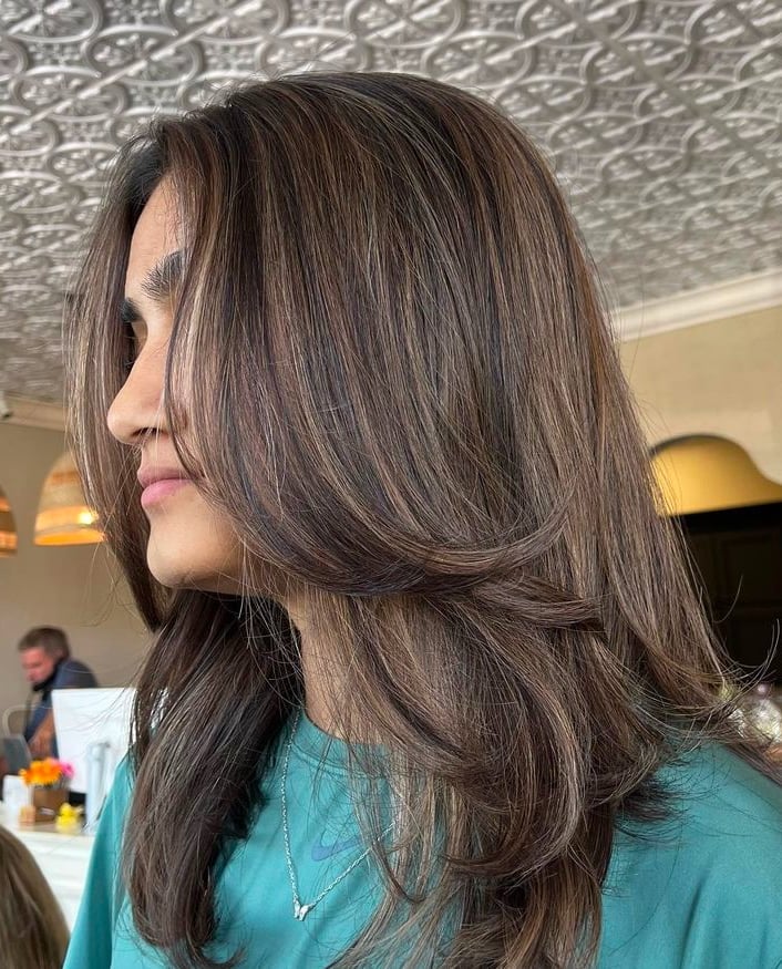 Mid-Back Dark Brown With Blonde Highlights, The Haircut Includes Soft — Easy Ways to Style Curtain Bangs