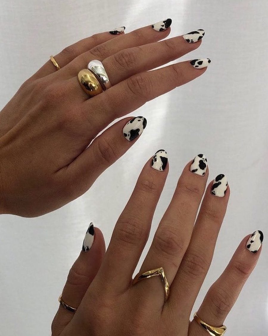 Classic Black and White Cow Print Almond Nails Classic Black and White Cow Print Almond Nails — Easy Western Nails