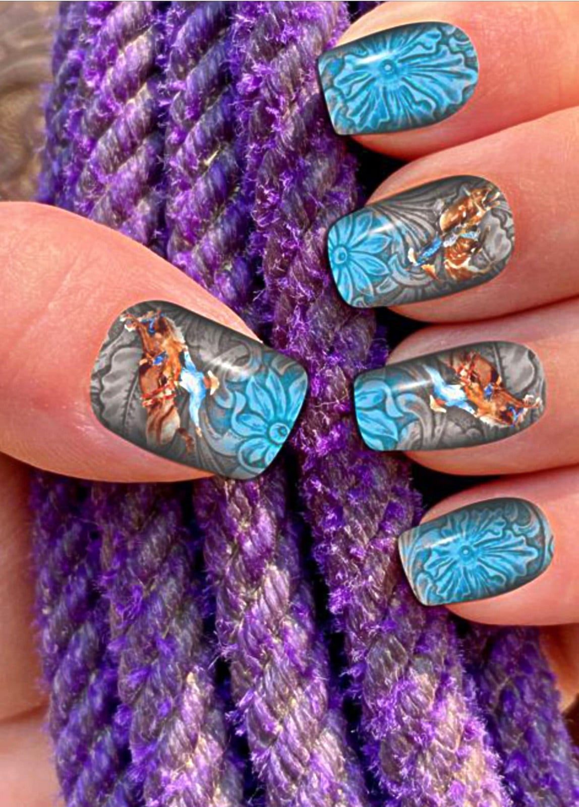 Short Almond Western Motifs with Horses, Glossy Short Almond Western Motifs with Horses, Glossy — Easy Western Nails