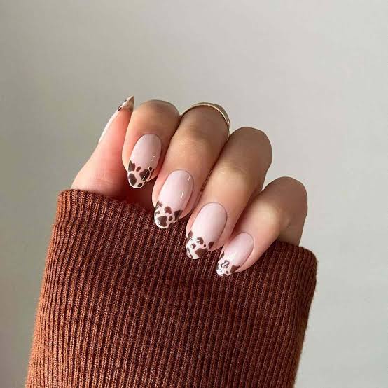 Sheer Nude with Brown Cow Print Tips Sheer Nude with Brown Cow Print Tips — Easy Western Nails