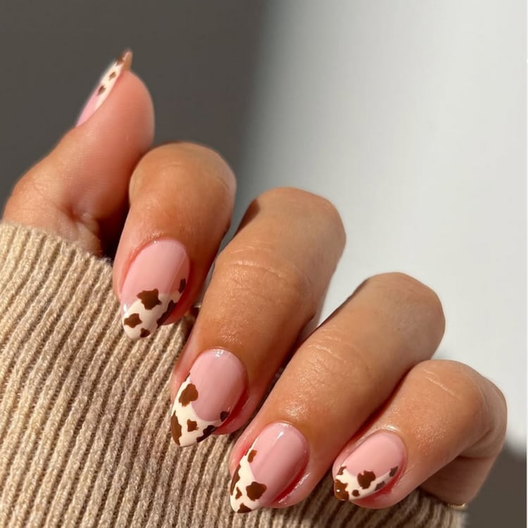 Pink Nude Almond French with Cow Pattern Pink Nude Almond French with Cow Pattern — Easy Western Nails