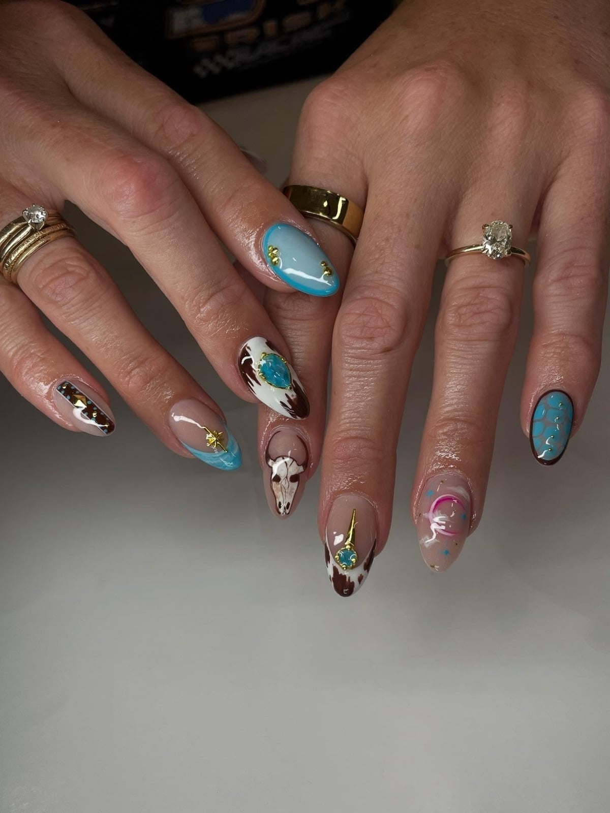 Nude Almond Nails with Skull and Turquoise Nude Almond Nails with Skull and Turquoise — Easy Western Nails