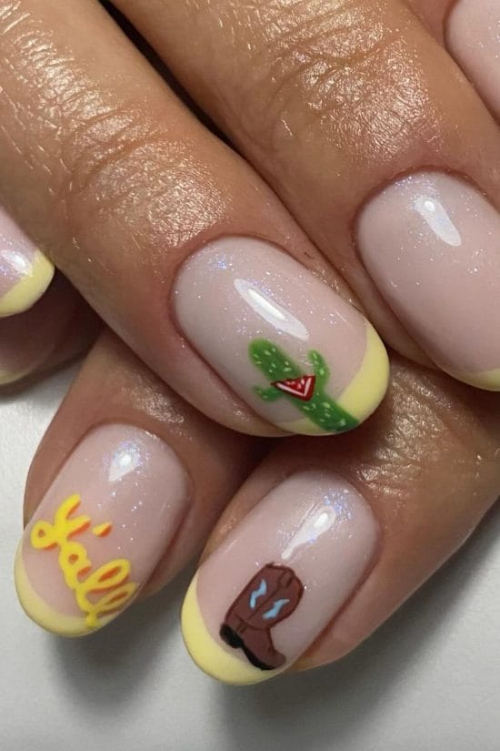 Short Almond French with Cactus and Boot Short Almond French with Cactus and Boot — Easy Western Nails