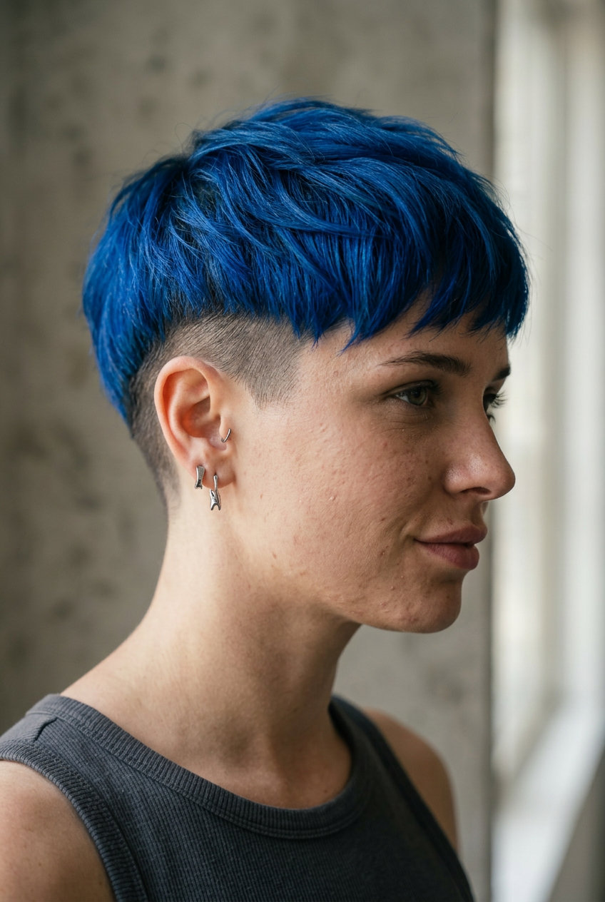 Electric Undercut Pixie Haircut 2026 very short pixie haircut with electric blue, deep indigo undercut, textured top — edgy, bold, expressive