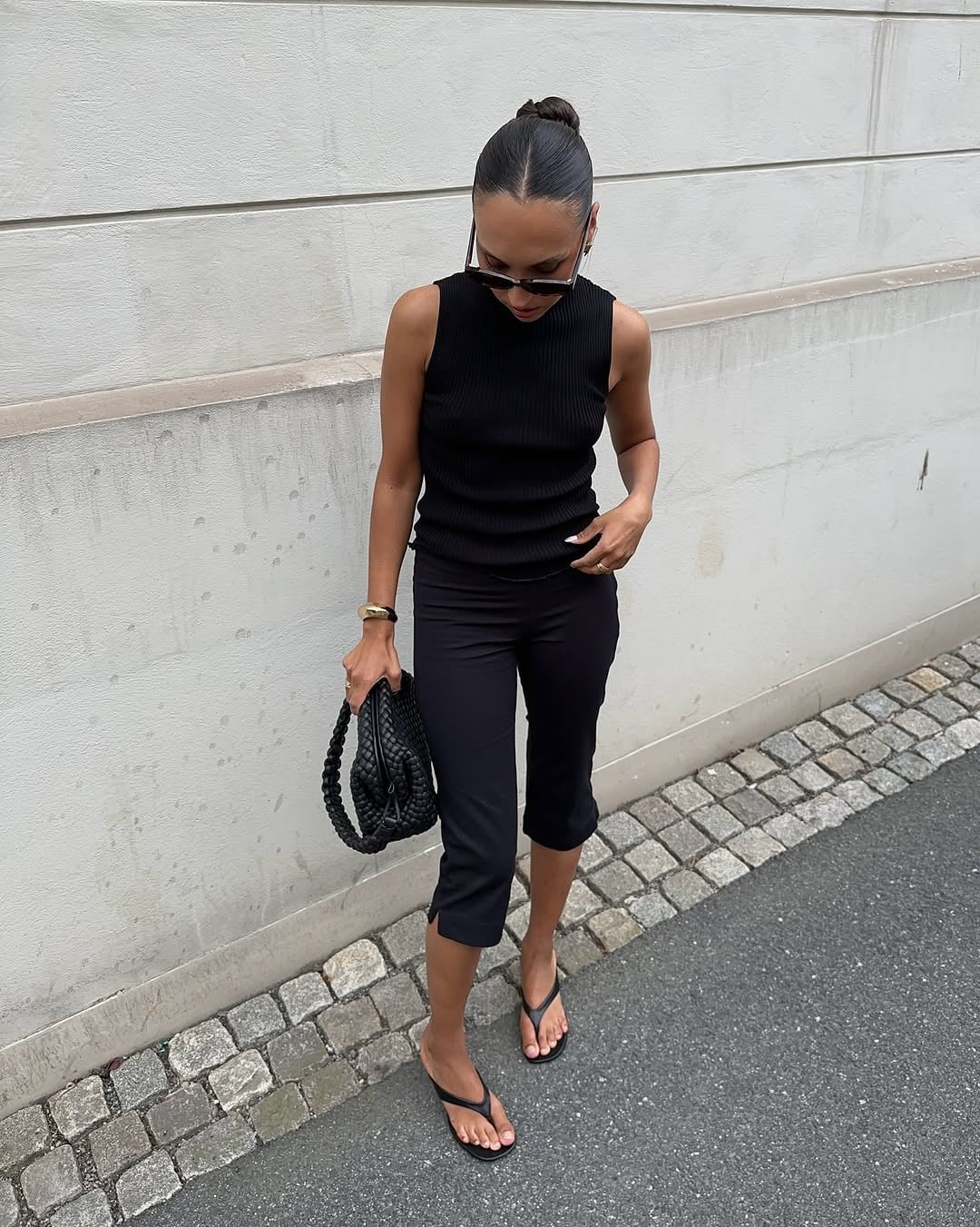 All Black Capris with a Ribbed Sleeveless Top — Elegant Black Capri Pants Outfit