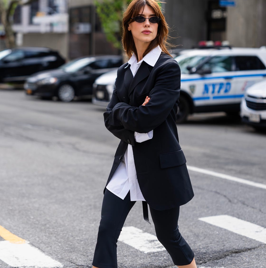 Black Capris with a White Shirt and Oversized Blazer, Sunglasses — Elegant Black Capri Pants Outfit
