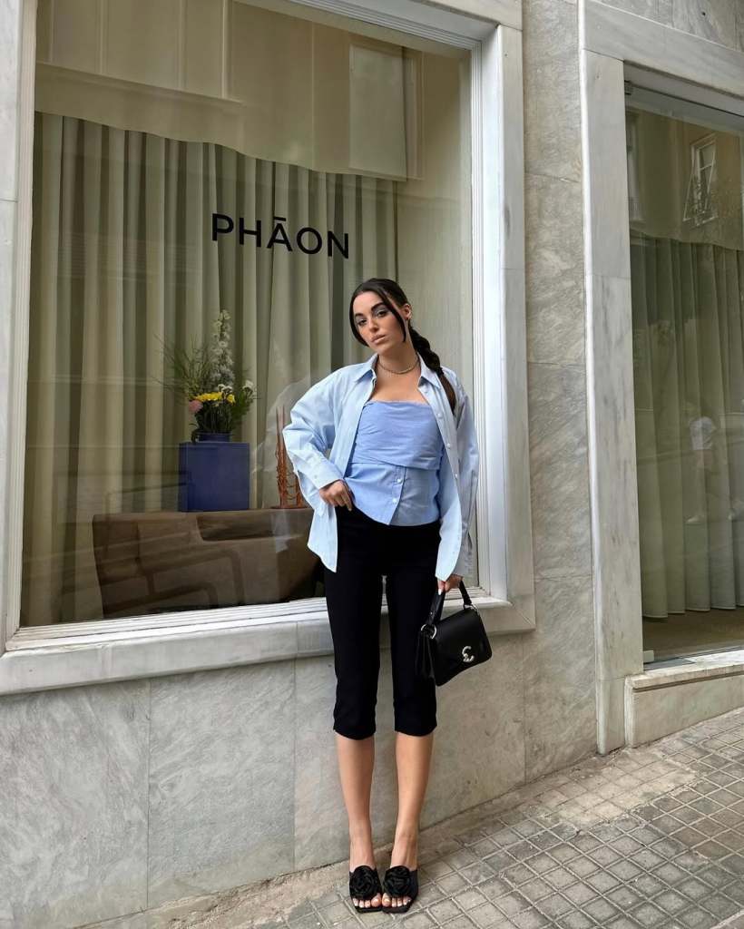 Black Capris with a Corset Top and Oversized Shirt — Elegant Black Capri Pants Outfit