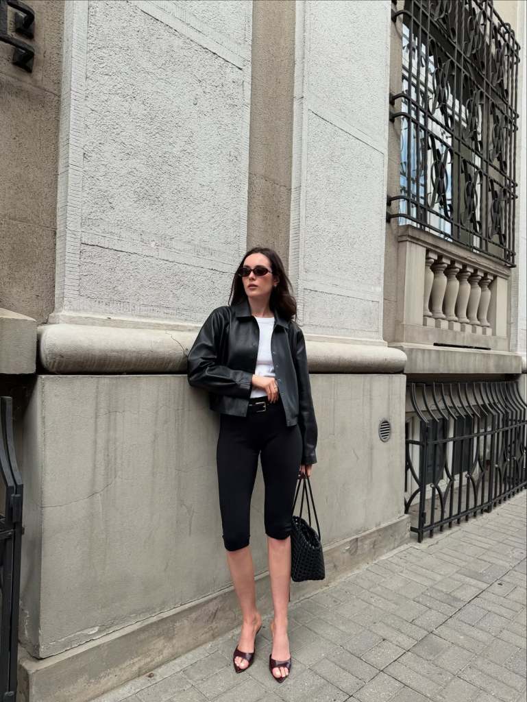Black Capris with a White Tee, Leather Jacket, and Mules — Elegant Black Capri Pants Outfit