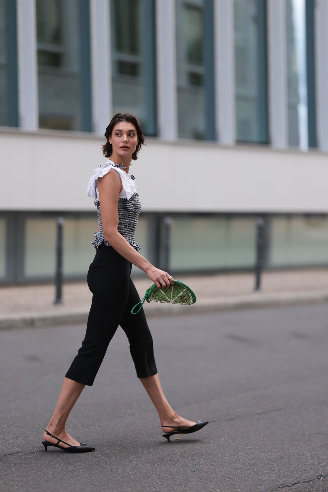 Elegant Black Capris with a Ruffled White Top — Elegant Black Capri Pants Outfit