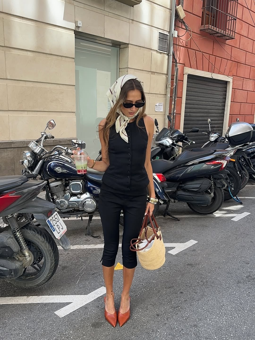 Black Capri Jumpsuit with a Printed Scarf — Elegant Black Capri Pants Outfit