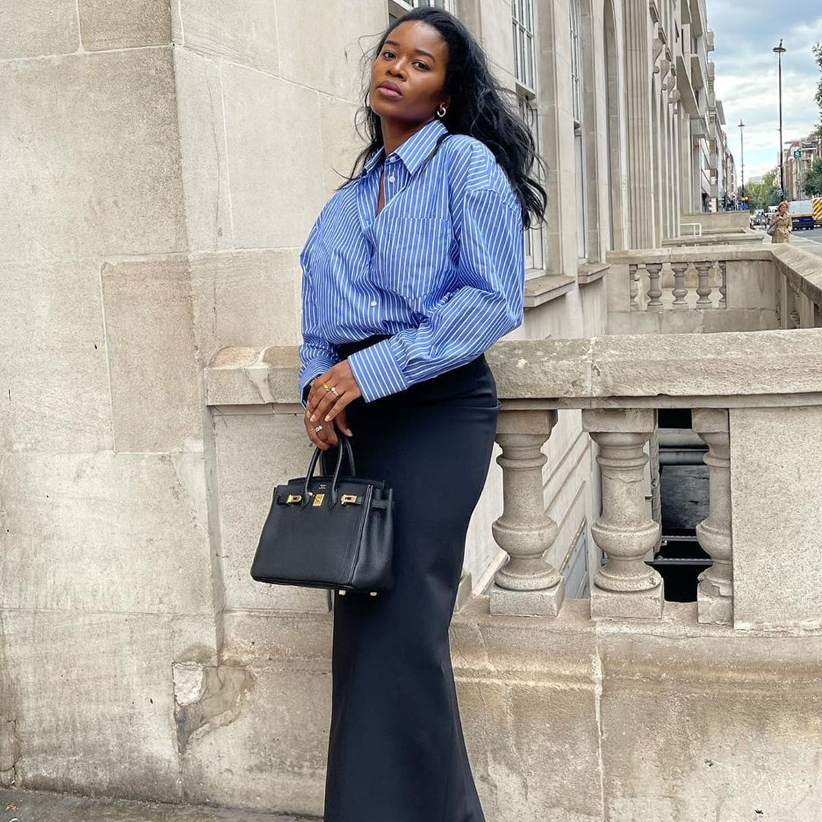 Black Maxi Skirt With Striped Button-Down Shirt Black Maxi Skirt With Striped Button-Down Shirt — Elegant Black Maxi Skirt Outfit