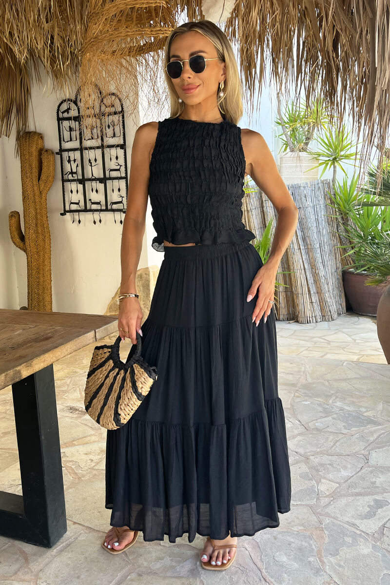 Tiered Black Maxi Skirt With Smocked Top Tiered Black Maxi Skirt With Smocked Top — Elegant Black Maxi Skirt Outfit
