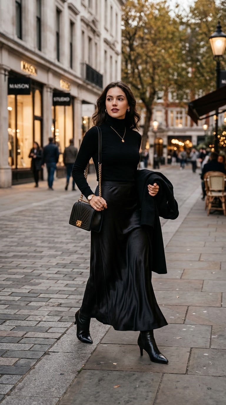 Monochromatic Black Satin Maxi Skirt Evening Look Monochromatic Black Satin Maxi Skirt Evening Look — Elegant Black Maxi Skirt Outfit