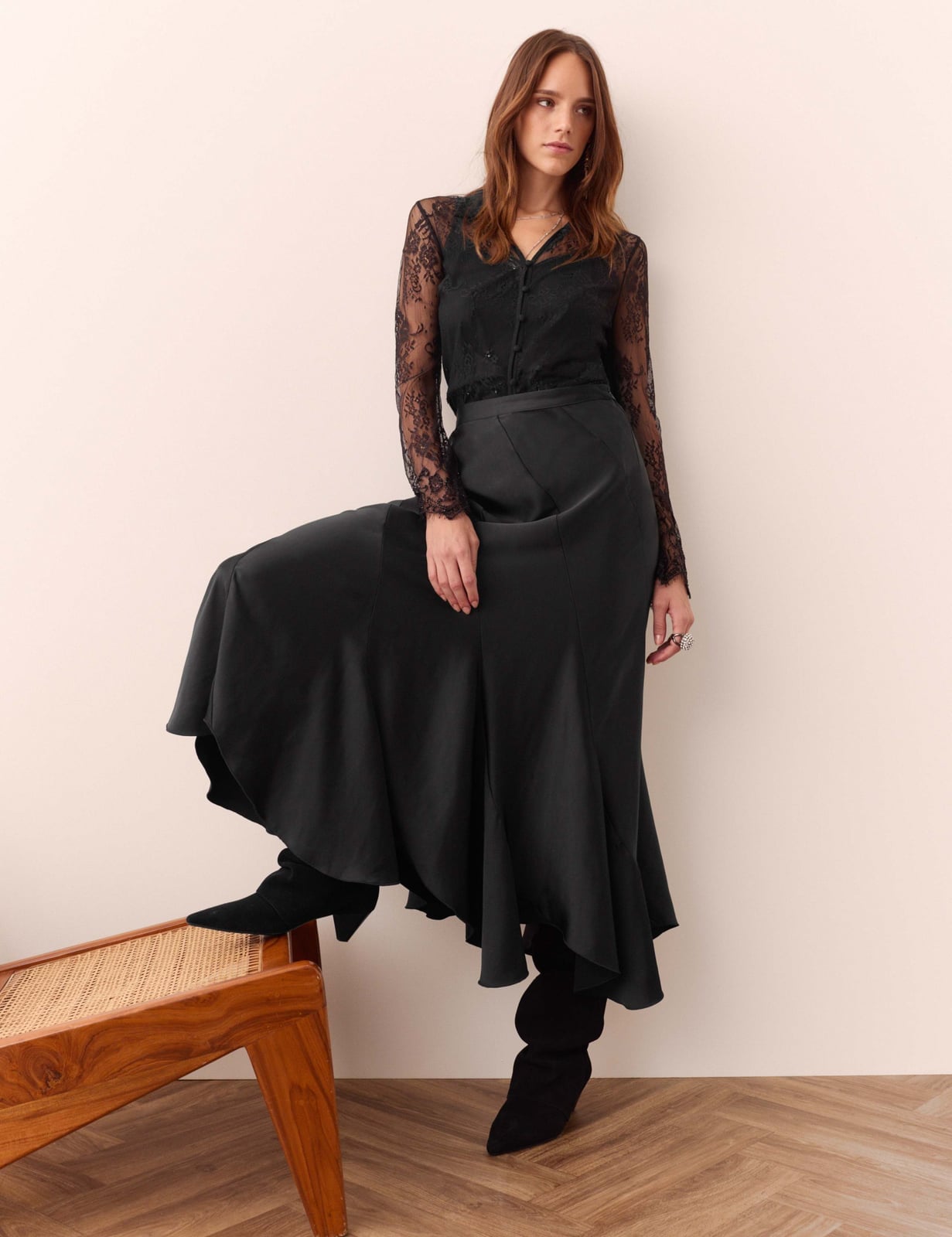 Flared Satin Maxi Skirt With Lace Top Flared Satin Maxi Skirt With Lace Top — Elegant Black Maxi Skirt Outfit