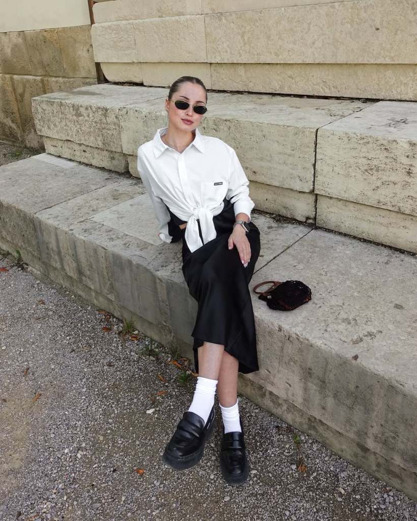 Satin Maxi Skirt With Tied Button-Down Shirt Satin Maxi Skirt With Tied Button-Down Shirt — Elegant Black Maxi Skirt Outfit