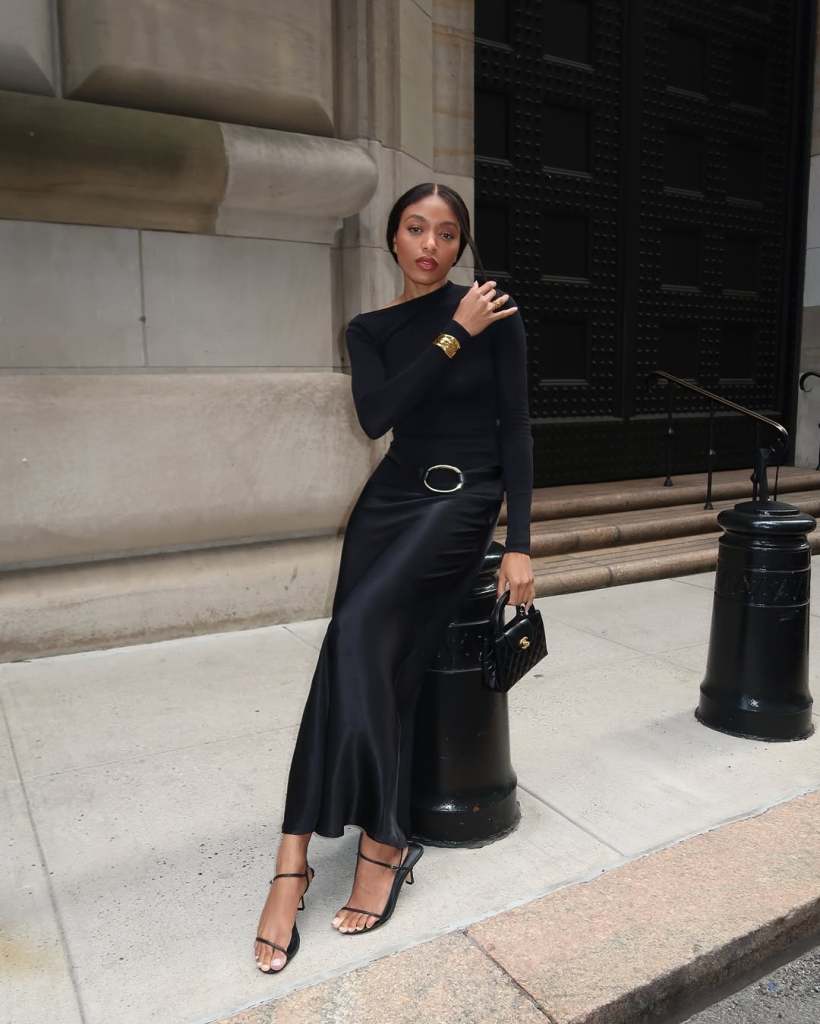 Elegant Bias Cut Satin Maxi Skirt With Long Sleeves Elegant Bias Cut Satin Maxi Skirt With Long Sleeves — Elegant Black Maxi Skirt Outfit