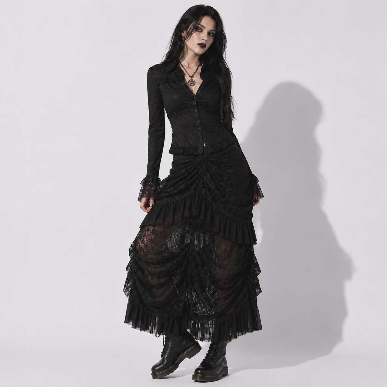 Tiered Lace Maxi Skirt With Lace Shirt Tiered Lace Maxi Skirt With Lace Shirt — Elegant Black Maxi Skirt Outfit