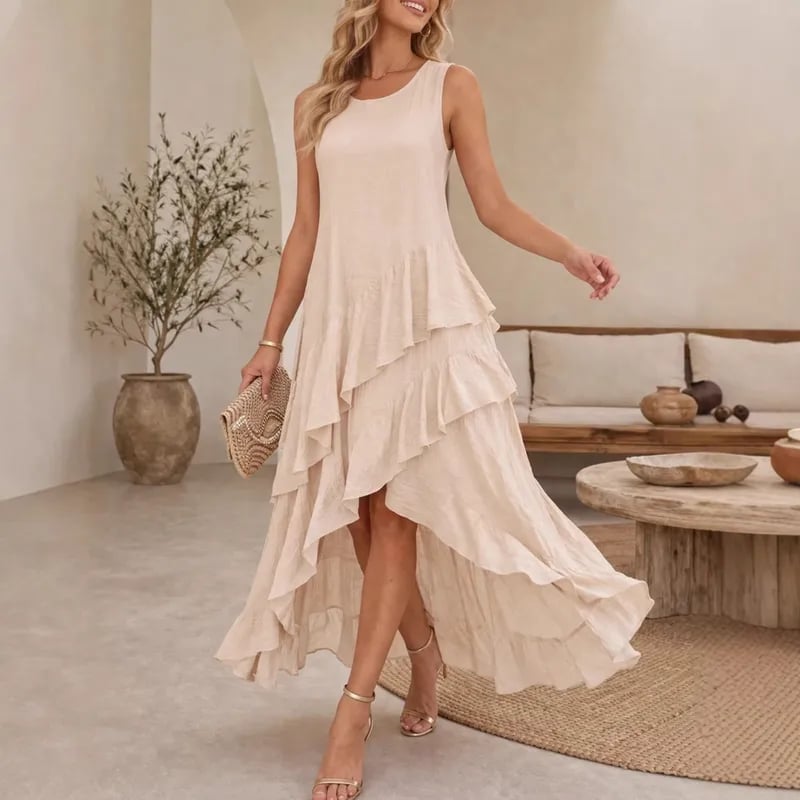 Beige Tiered Ruffle Dress with Gold Heels — Elegant Boho Outfits
