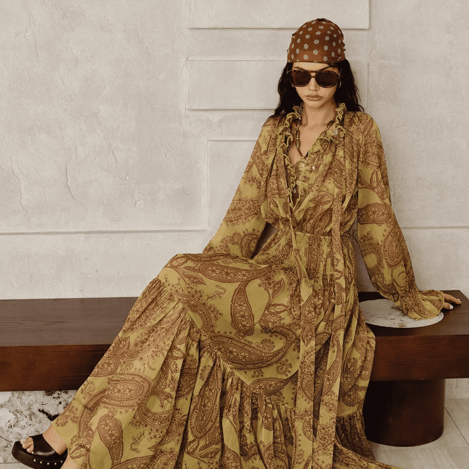 Paisley Print Maxi Dress with Headscarf — Elegant Boho Outfits