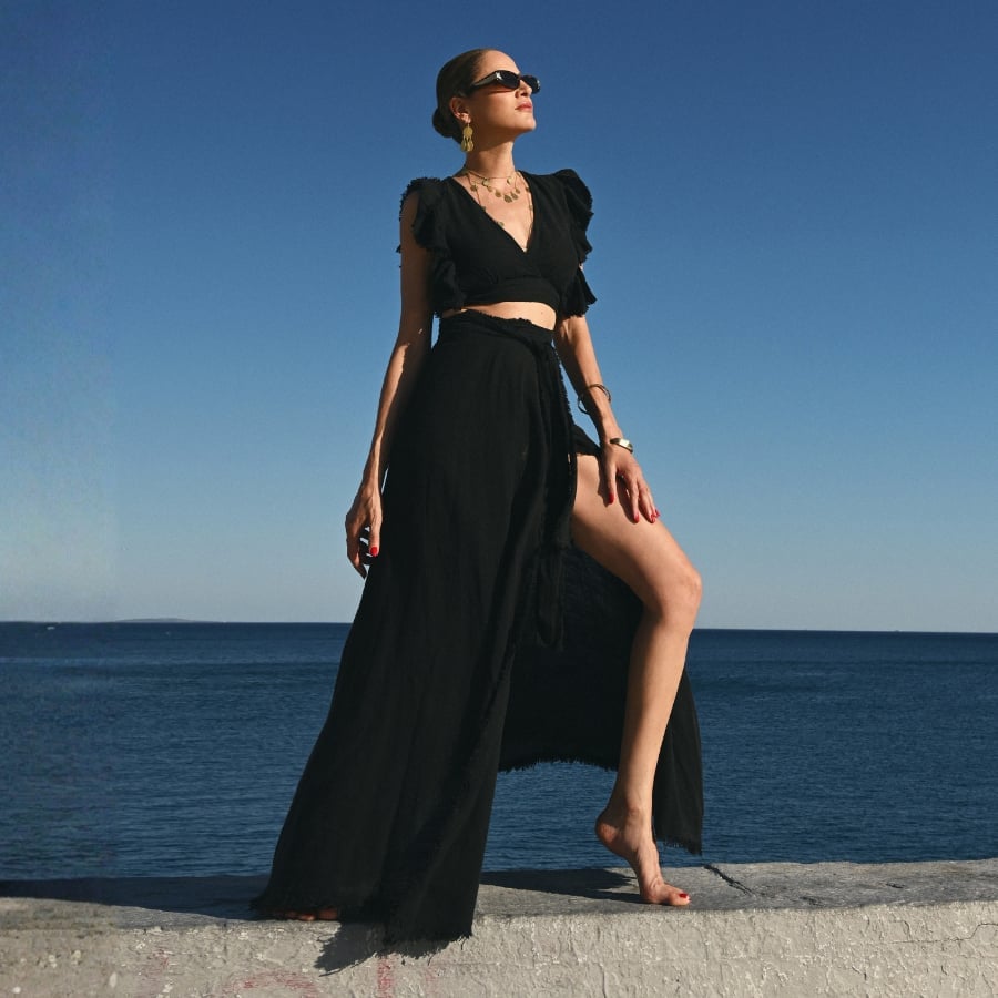 Black Gauze Maxi Skirt and Crop Top Set — Elegant Boho Outfits