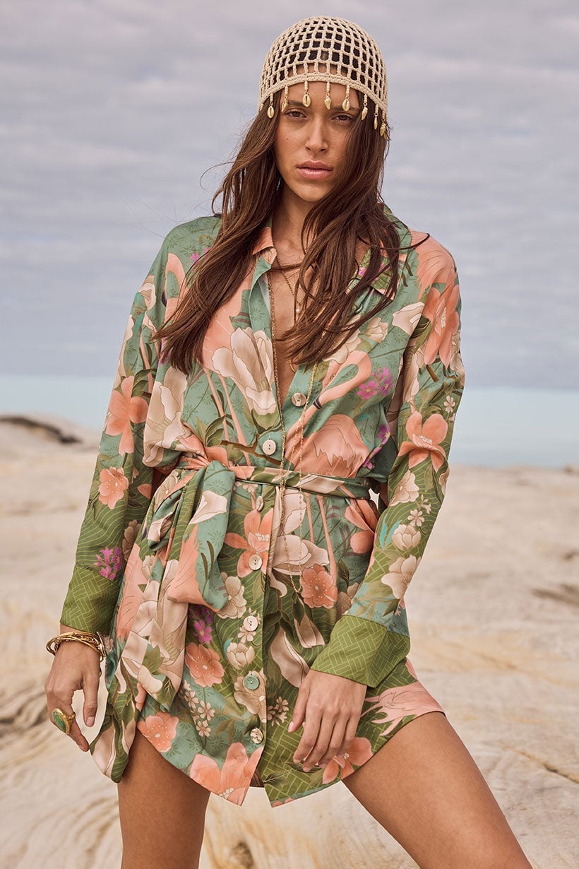 Floral Shirt Dress with Crochet Headpiece — Elegant Boho Outfits