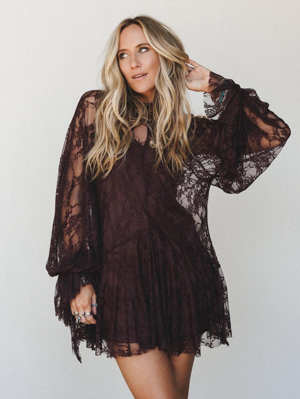 Burgundy Lace Mini Dress with Bell Sleeves — Elegant Boho Outfits