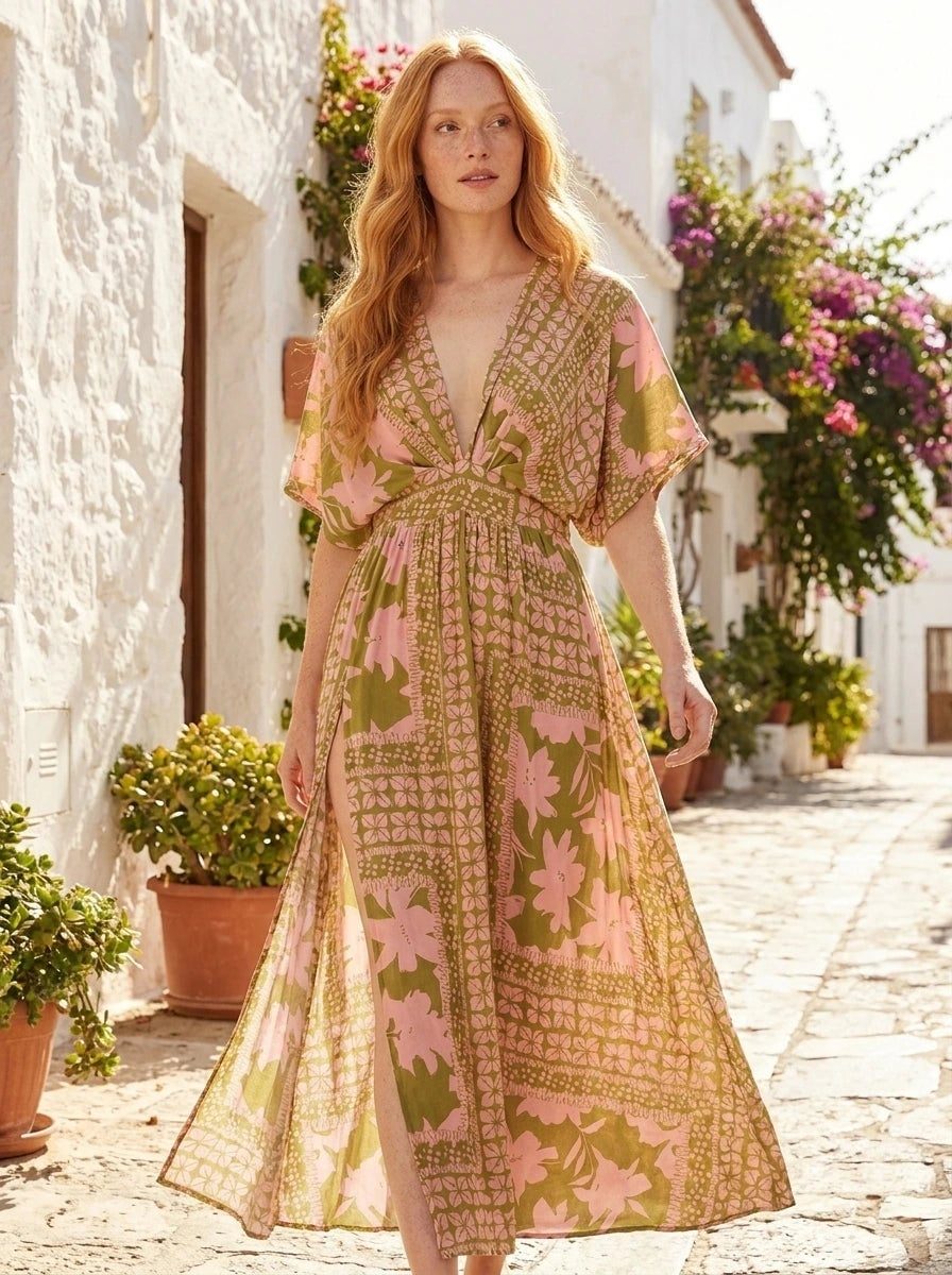 Pink and Green Printed Maxi Dress — Elegant Boho Outfits