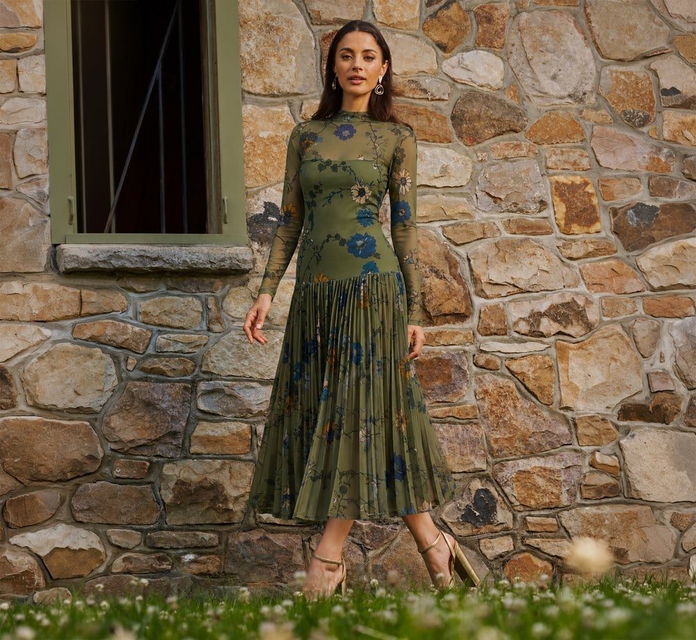 Floral Print Mesh Dress with Pleated Skirt — Elegant Boho Outfits