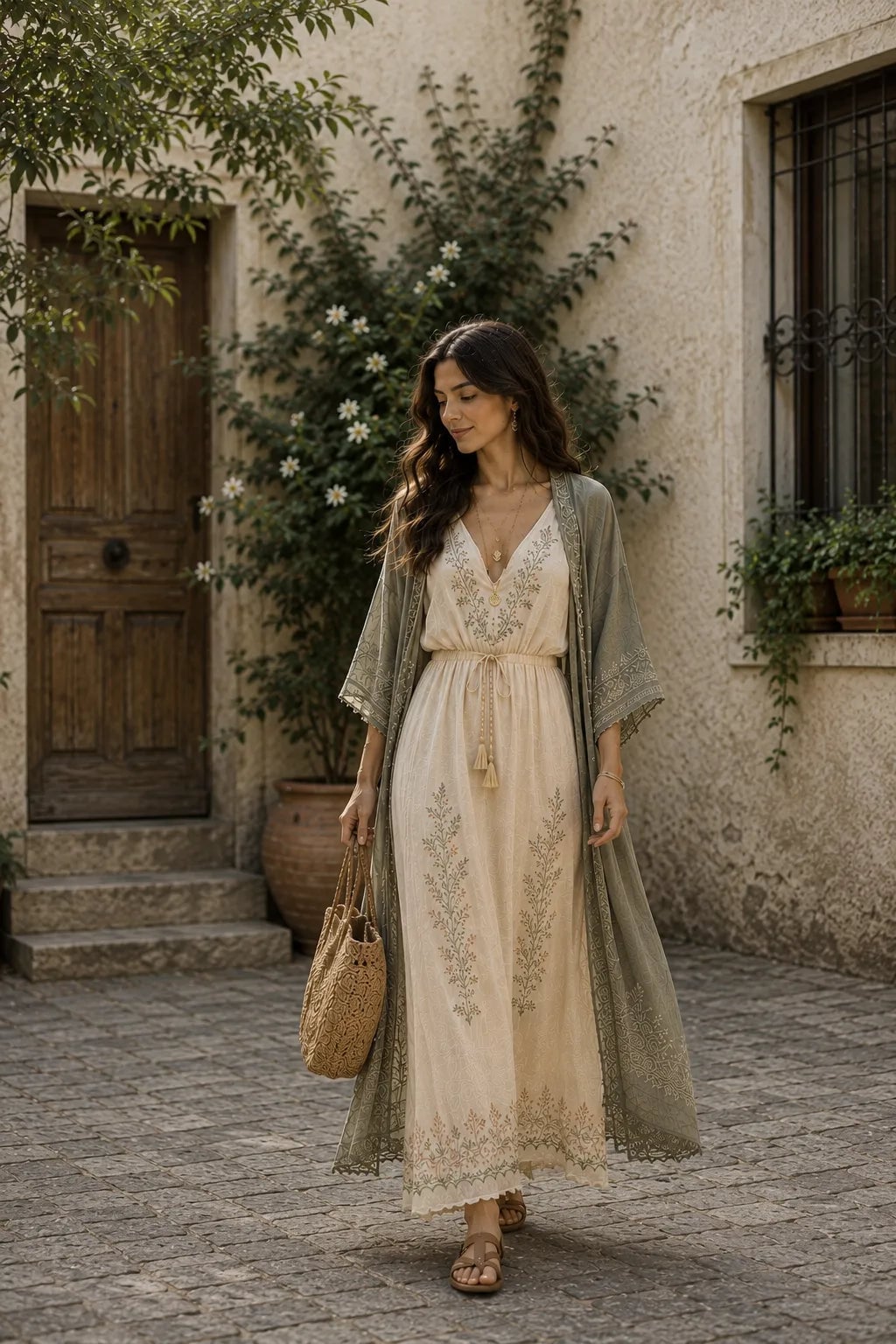 Embroidered Maxi Dress with Sheer Duster Kimono — Elegant Boho Outfits
